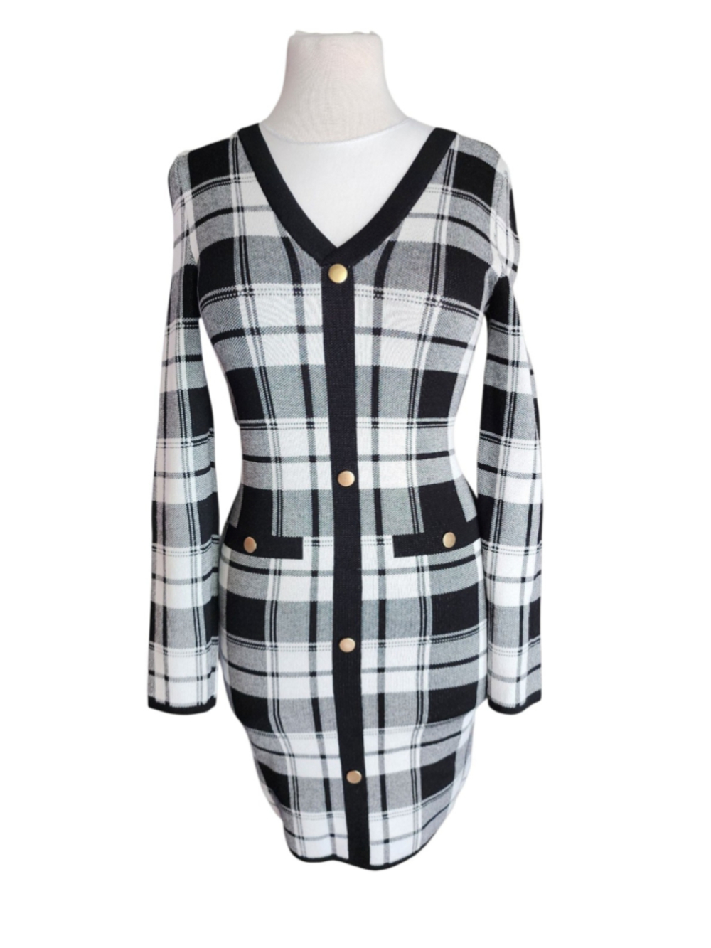 Love Always by FCT Black White Plaid Knit Sweater Dress Size L Long Sleeve NWOT